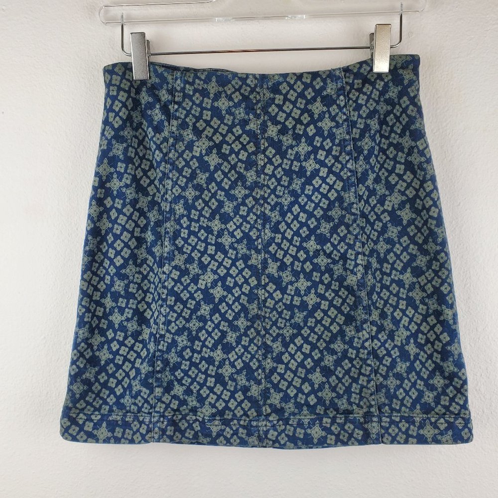 Free People floral denim blue green mini skirt stretch 8 boho 90's